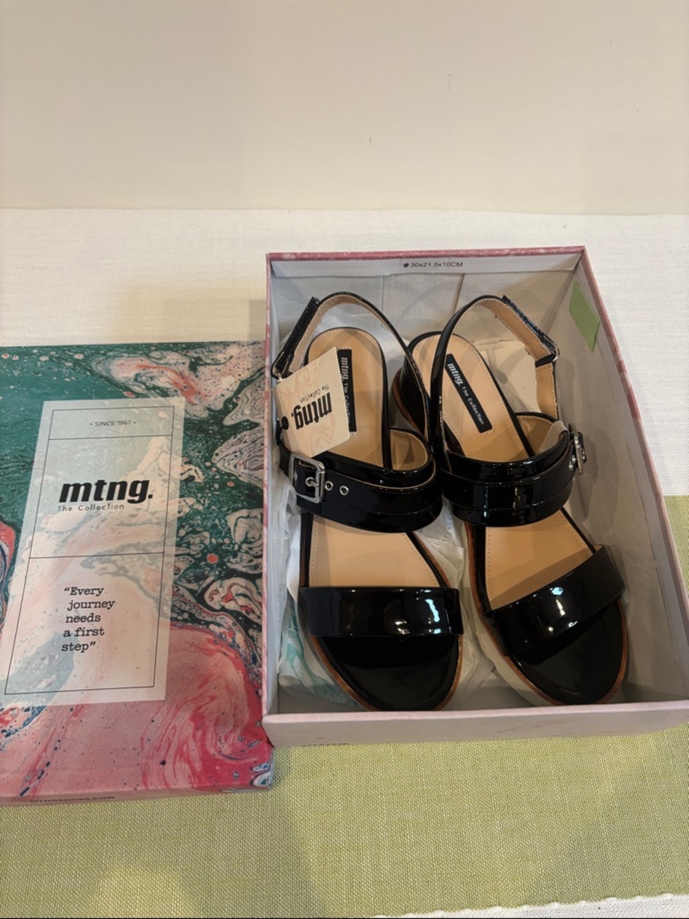 MTNG Black Patent Platform Sandals with Buckle Strap